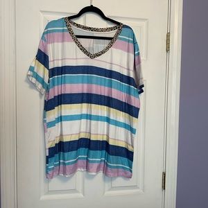 Striped Shirt with Leopard V-neck